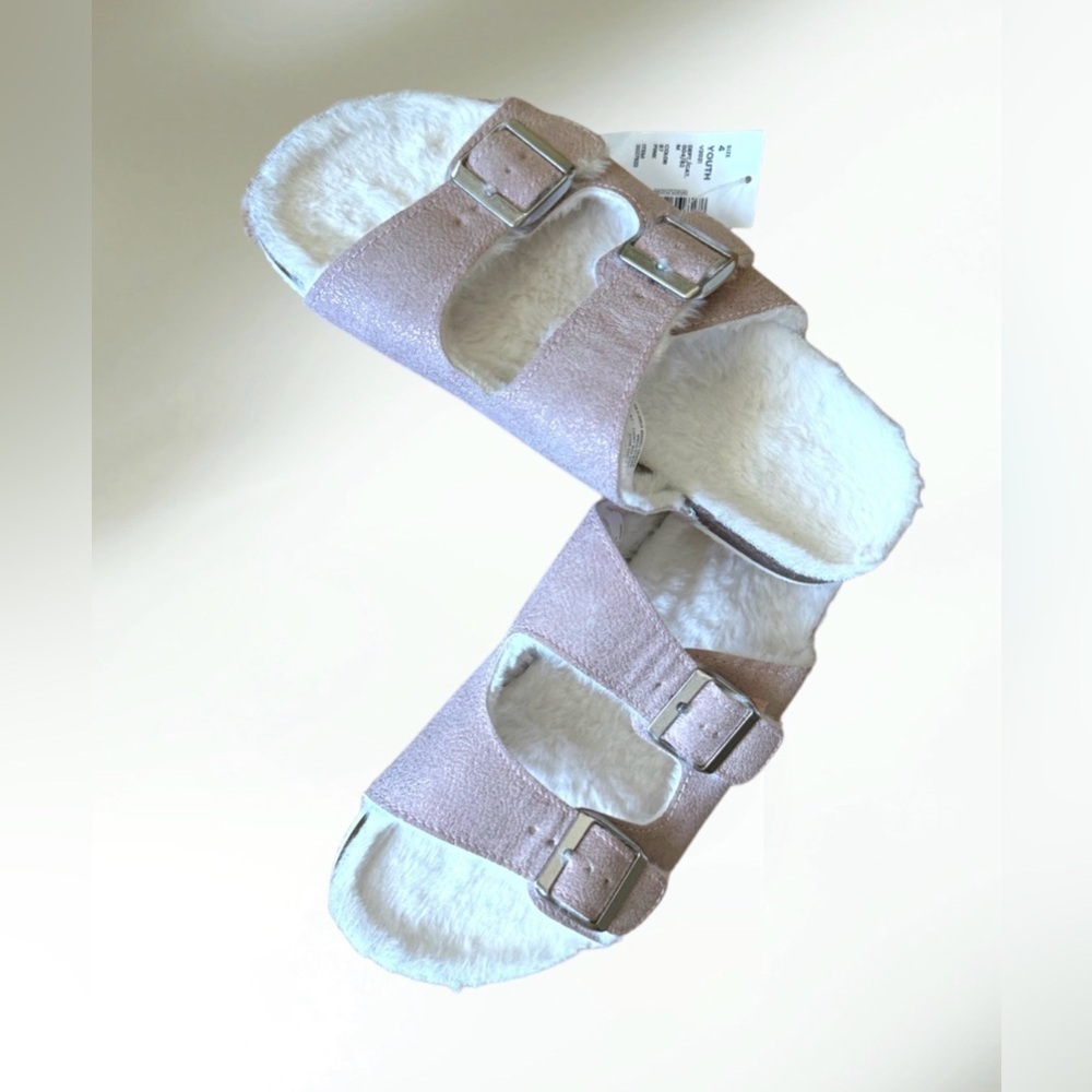 Sugar & Jade Tween Girls Faux Fur Double Buckle Slides - Pink Size 4 NWT